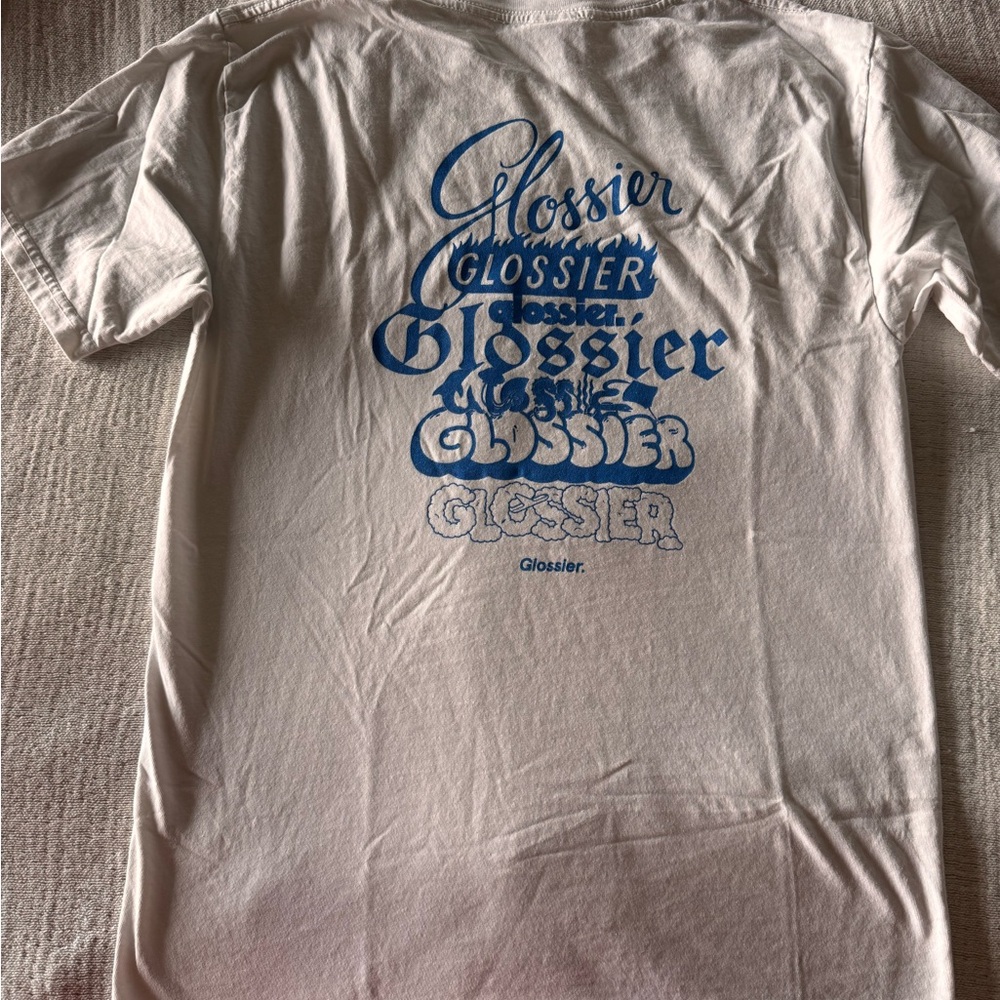 Glossier Cream Tee with Blue Logo Design
